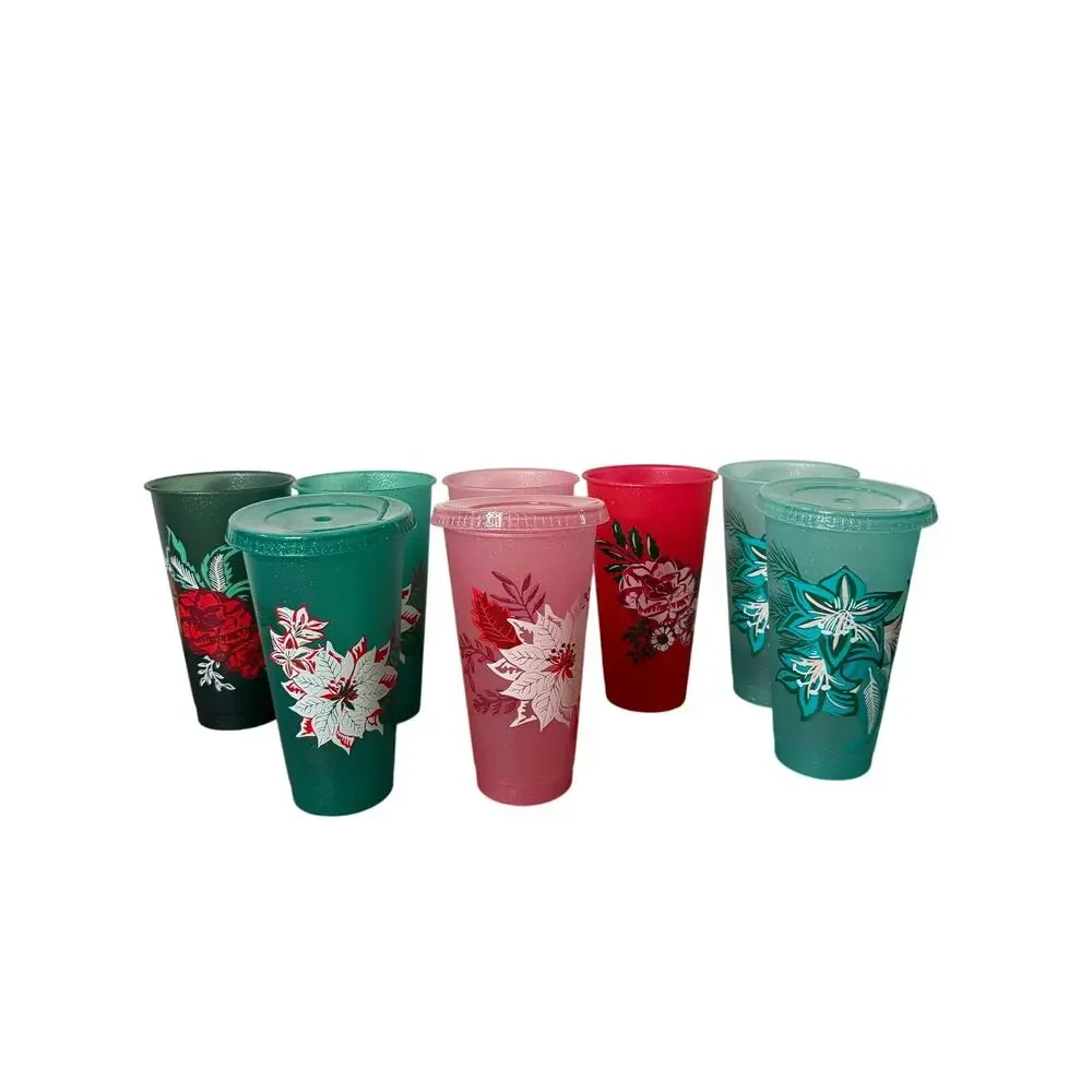 Starbucks 2022 Holiday Reusable Cold Cups 24 oz Set of 8 Cups 3 Lids